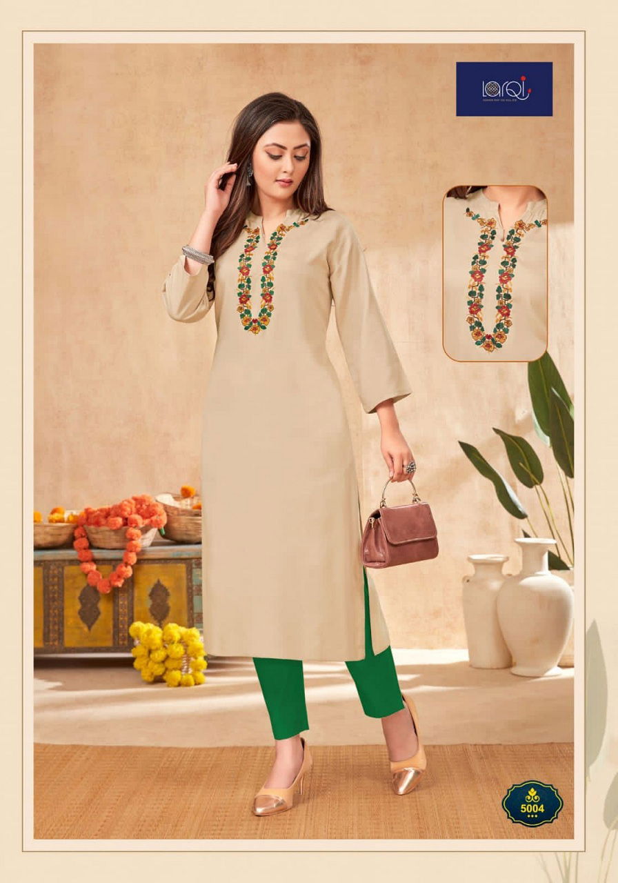 Larqi Nirja Advance 5 Fancy Ethnic Wear Rayon Cotton Embroidery Kurti Collection